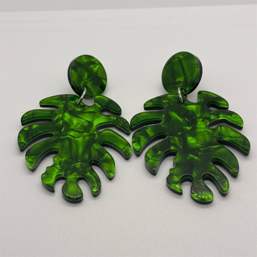 Tropical Monstera Leaf‎ Dangle Earrings Green Nature Theme